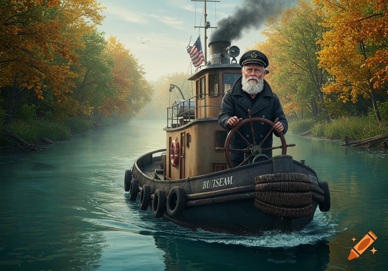 Hyper-realistic image of an old tugboat captain with a white beard steering his tugboat on a scenic river with autumn trees.