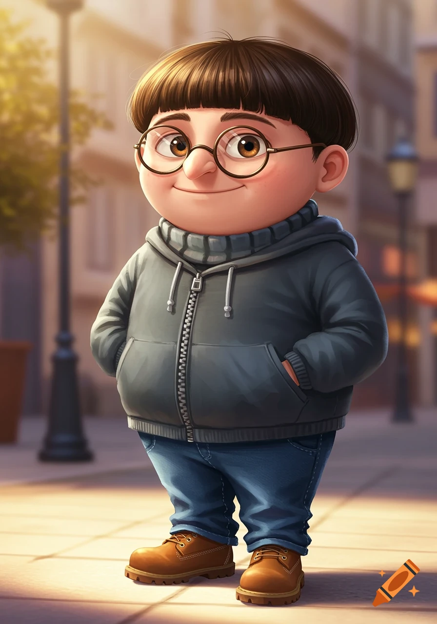 Cartoon illustration of a young Gru with glasses, a bowl cut, grey hoodie, blue jeans, and brown boots, standing outside.