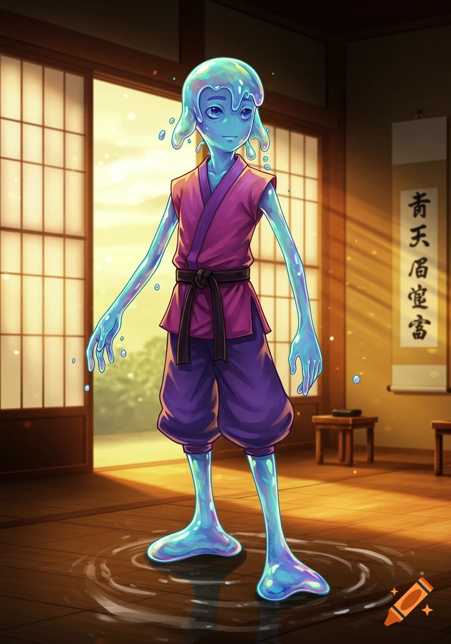 A translucent blue slime humanoid boy in a purple martial arts uniform stands in a Japanese dojo.