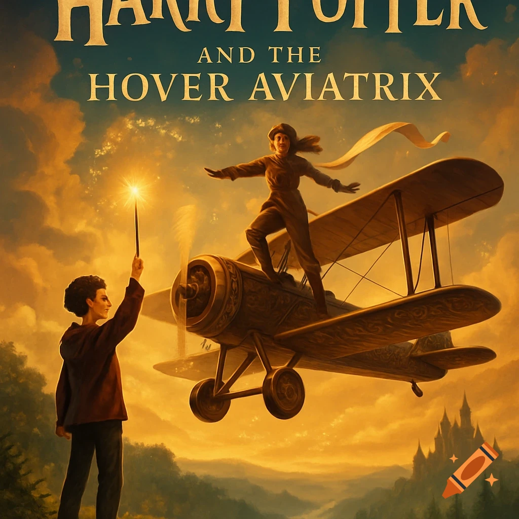 Book cover: 'Harry Potter and the Hover Aviatrix'. A boy with a wand watches a girl on a biplane flying over a magical landscape with a castle at sunset.