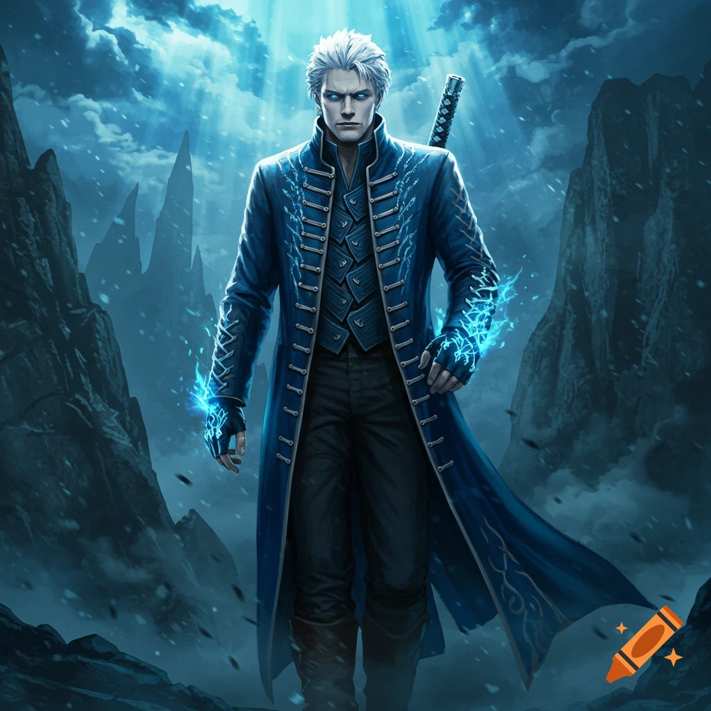 A white-haired man in a blue coat with glowing blue hands stands in a snowy, mountainous landscape under a dramatic sky.