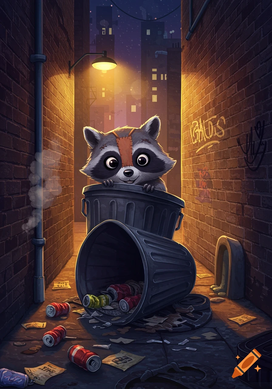 A cute animated raccoon peers out from a trash can in a dark, lamp-lit city alley filled with scattered trash, in an illustrative style.