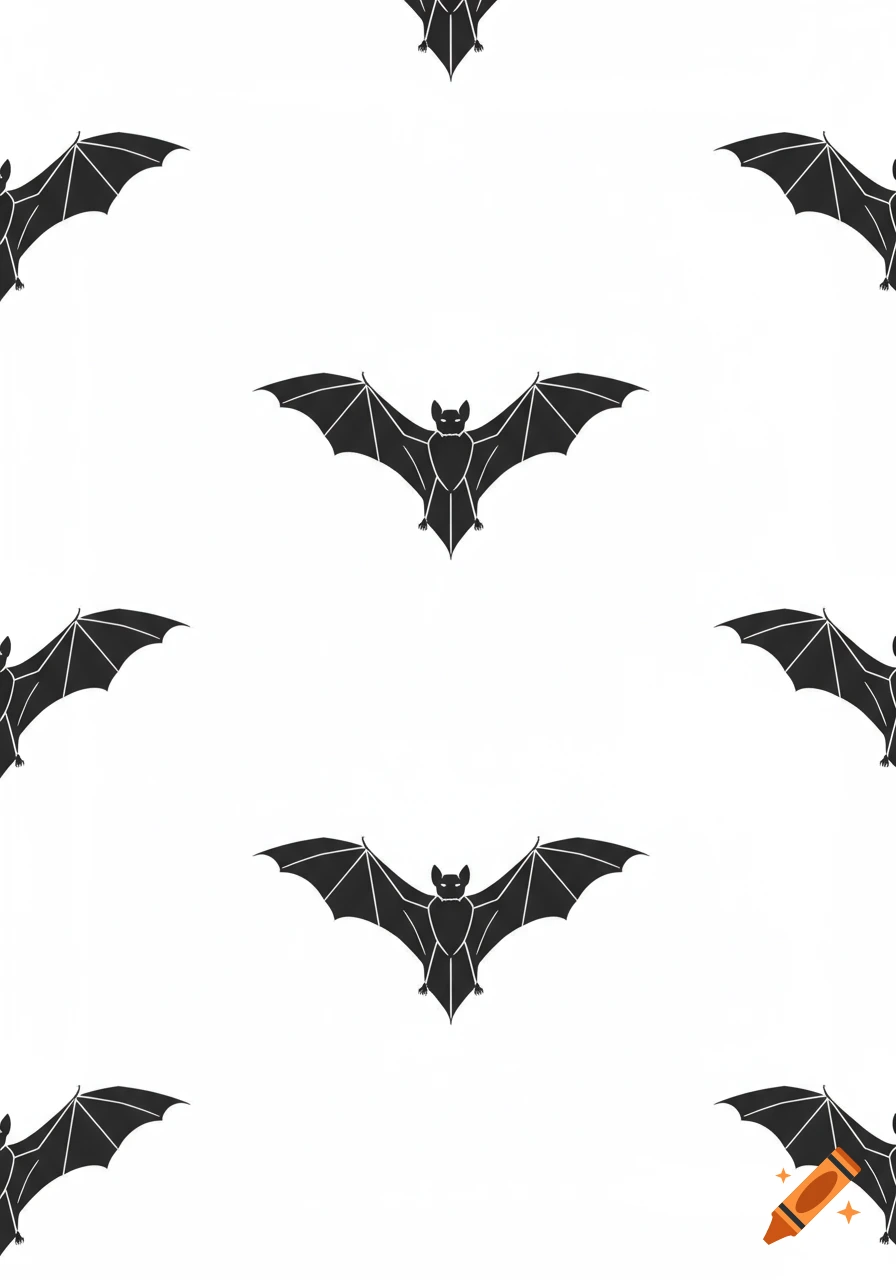 A seamless pattern of black bat silhouettes with outstretched wings against a solid white background in a minimalist style.