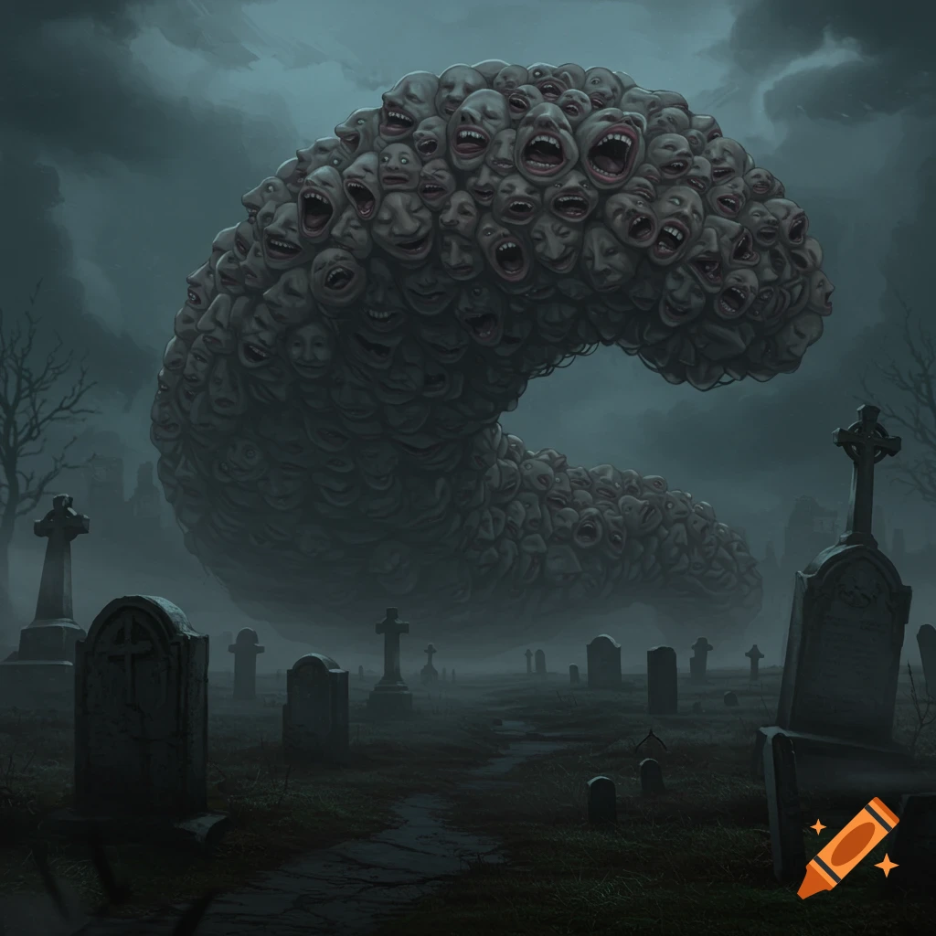 A grotesque, C-shaped monster made of screaming faces looms over a dark, foggy cemetery filled with gravestones, in a digital art style.