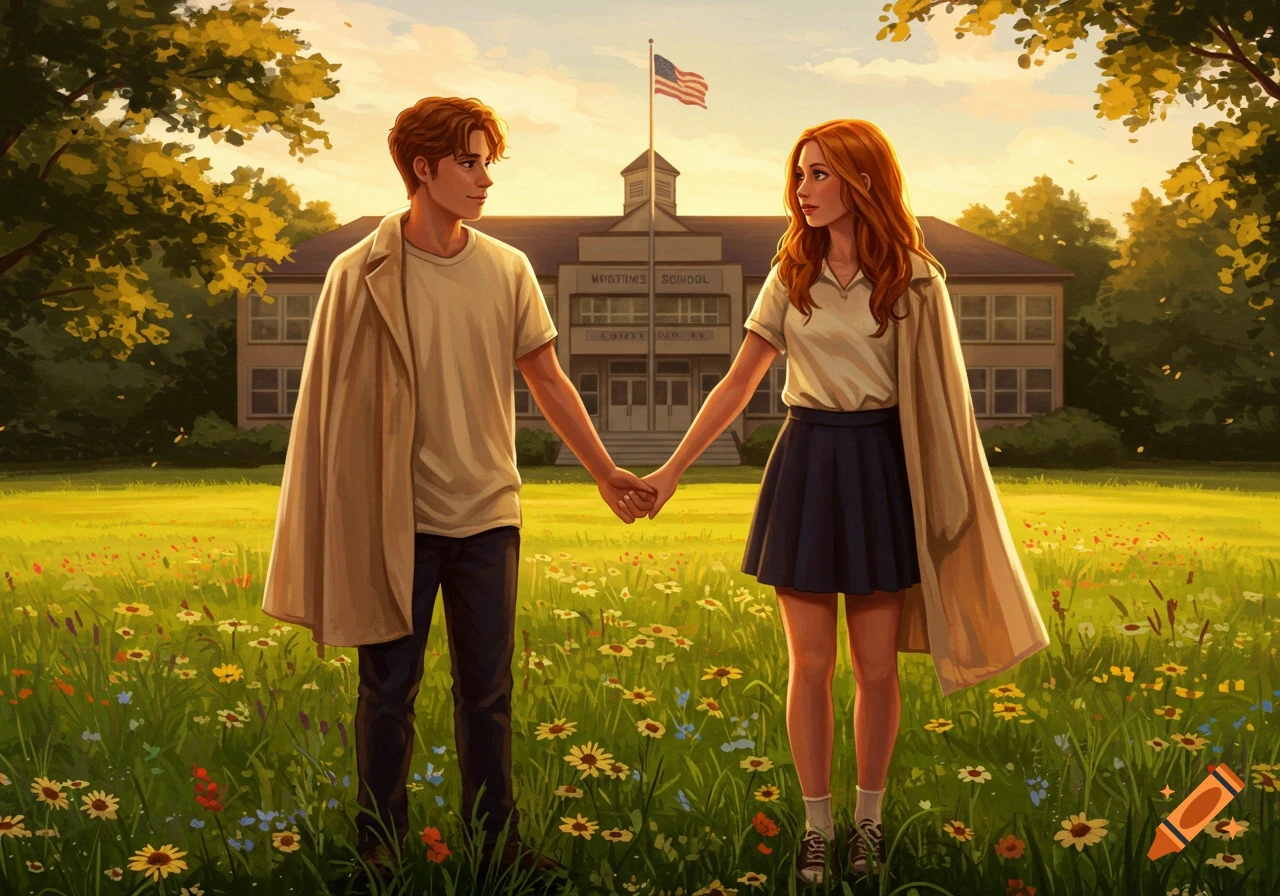 A young couple, a boy and a girl, hold hands in a sunny field of wildflowers in front of a school building, in a digital painting.