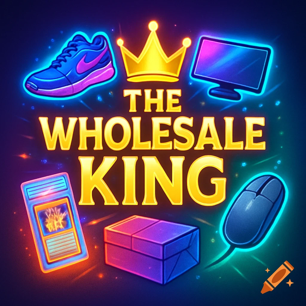 Vibrant neon logo with a gold crown, 'THE WHOLESALE KING' text, and glowing products like a sneaker, monitor, trading card, box, and computer mouse.