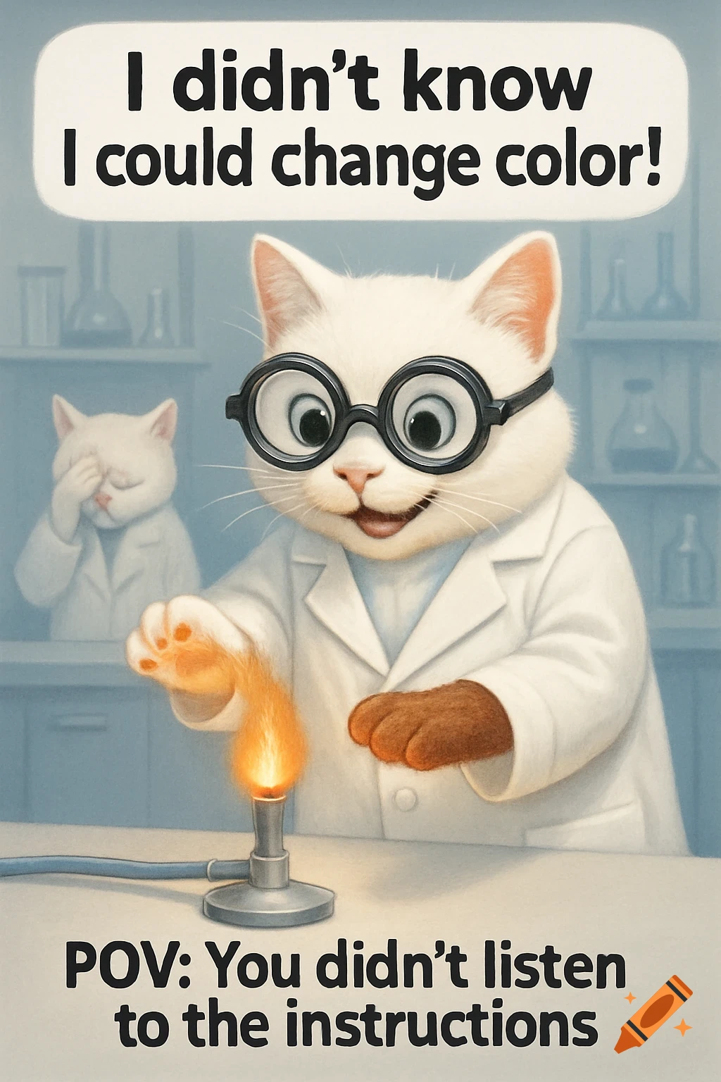 A white cartoon cat in a lab coat and goggles holds a paw over a Bunsen burner, turning it orange/brown, while another cat in the background face-plants. Text reads: "I didn't know I could change color!" and "POV: You didn't listen to the instructions."