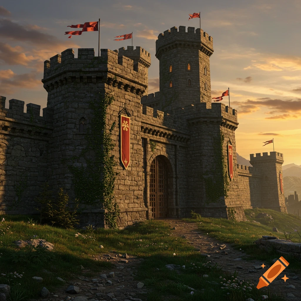 A photorealistic grand stone castle with multiple towers and red banners on a grassy hill at sunset.