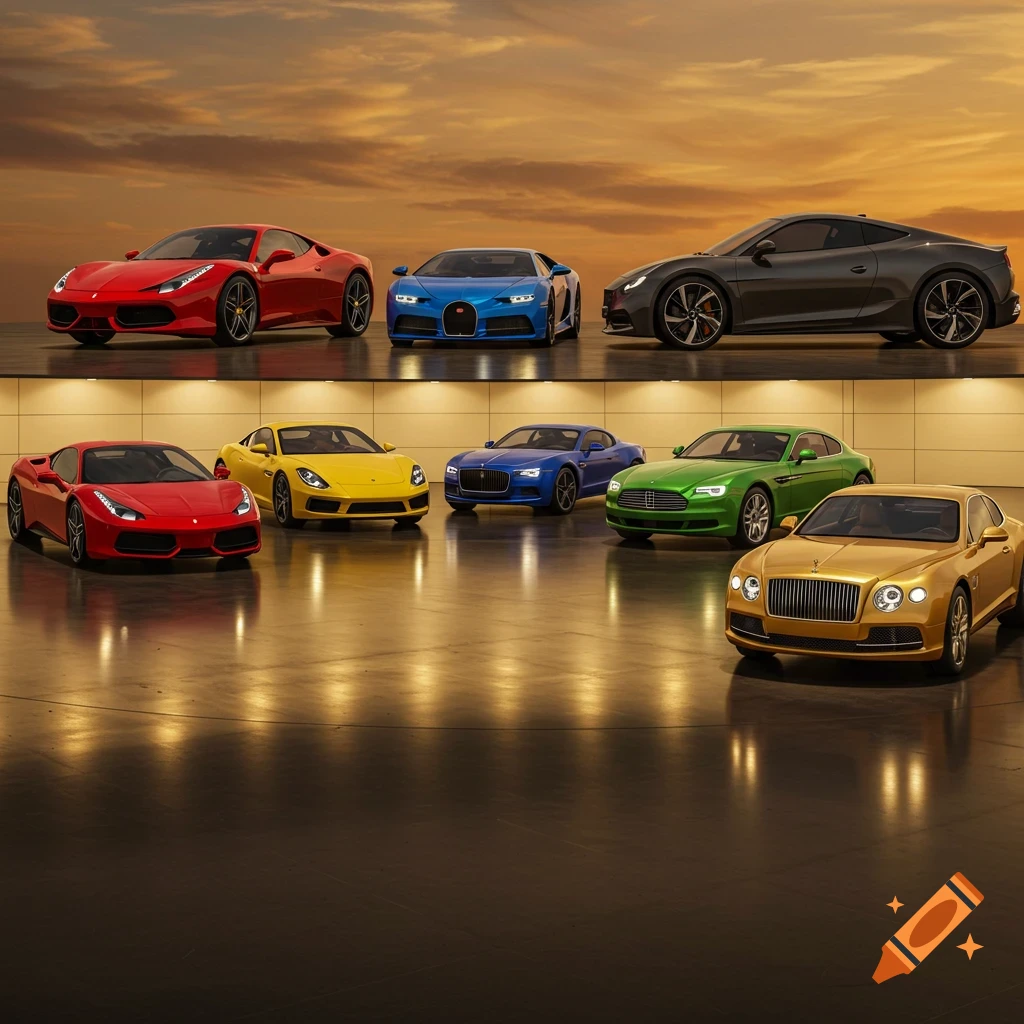 Eight luxury cars in various colors, displayed on a polished floor under a vibrant sunset sky.