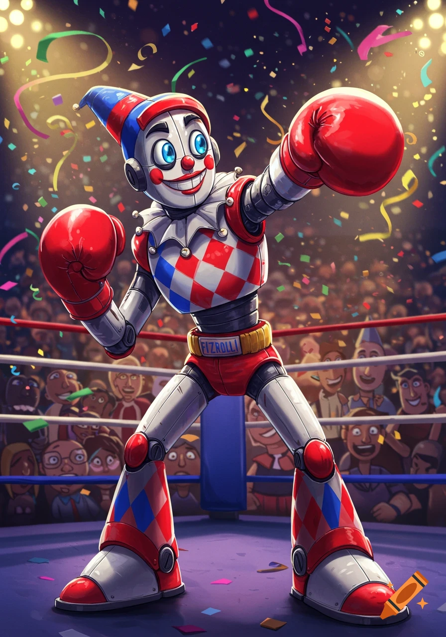 A cartoon robot jester wearing red boxing gloves and a red and blue checkered outfit stands in a boxing ring, surrounded by confetti and a cheering crowd.
