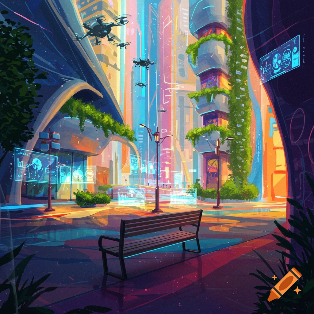 A colorful, vibrant semi-futuristic city street with drones, holographic displays, and a park bench. Tall buildings with vertical gardens line the street.