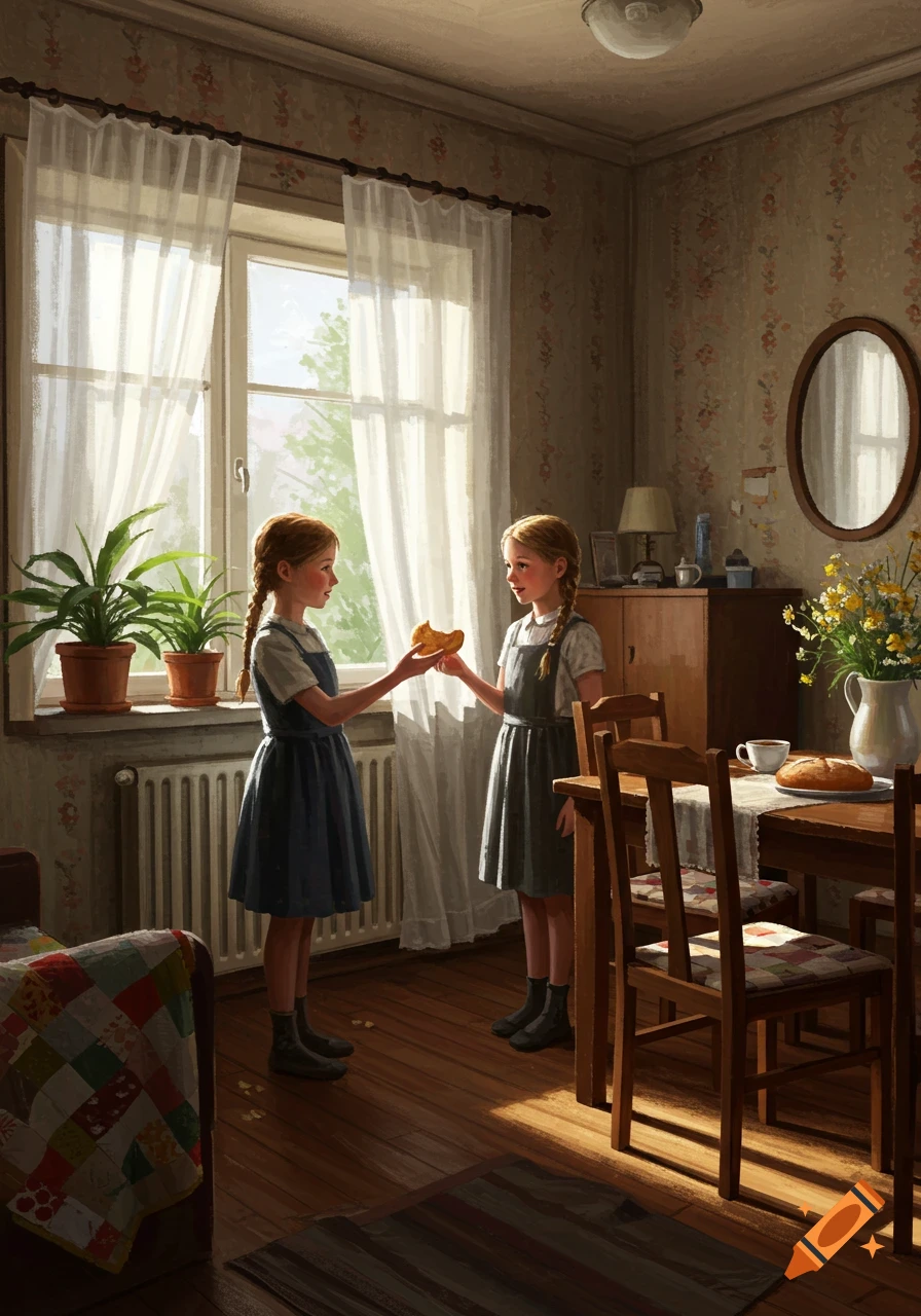 Two young girls in aprons share bread in a sunlit, vintage apartment, painted illustration.
