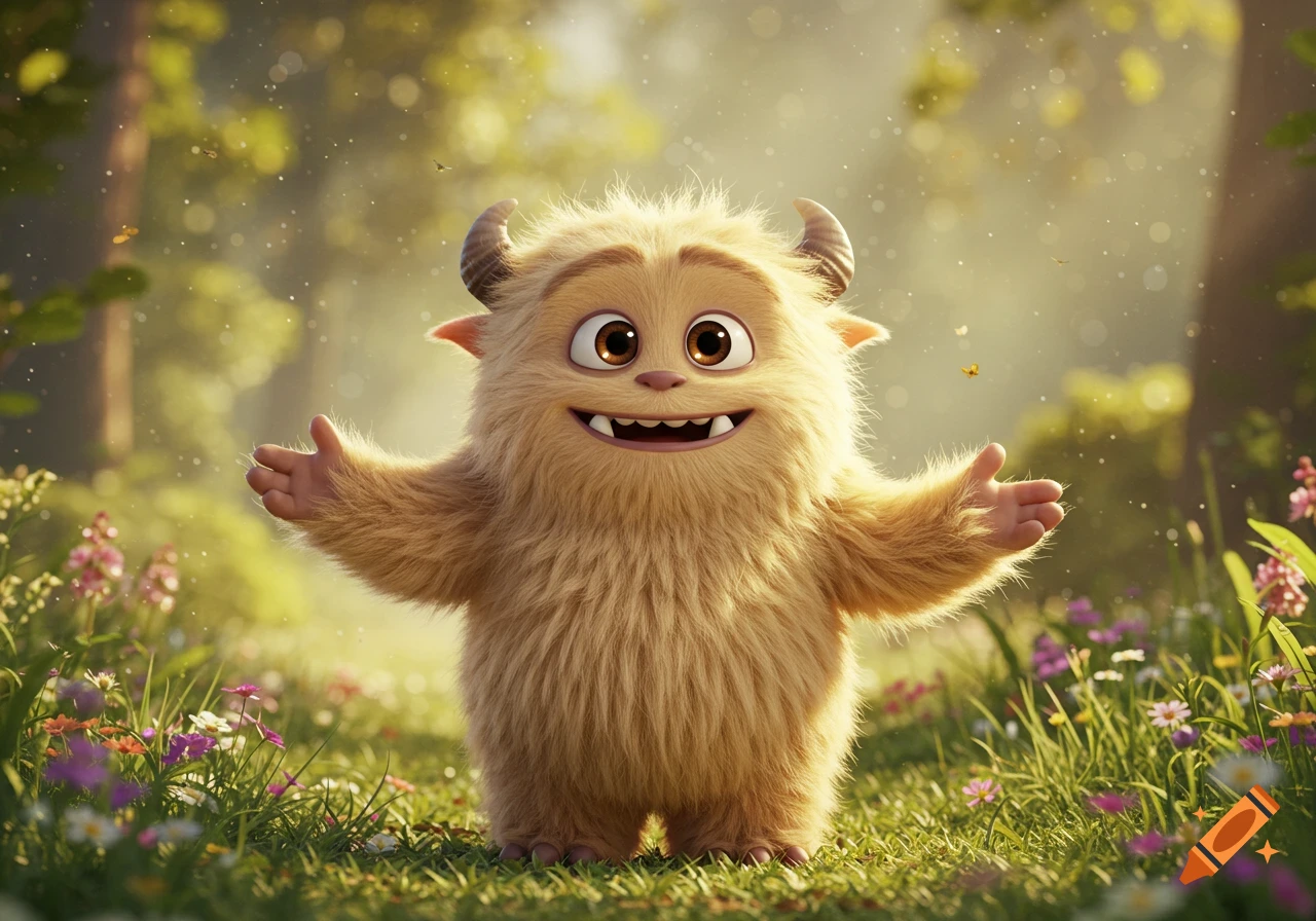 A fluffy, friendly, light brown cartoon monster with horns and big brown eyes stands in a vibrant green field with flowers, hands open.