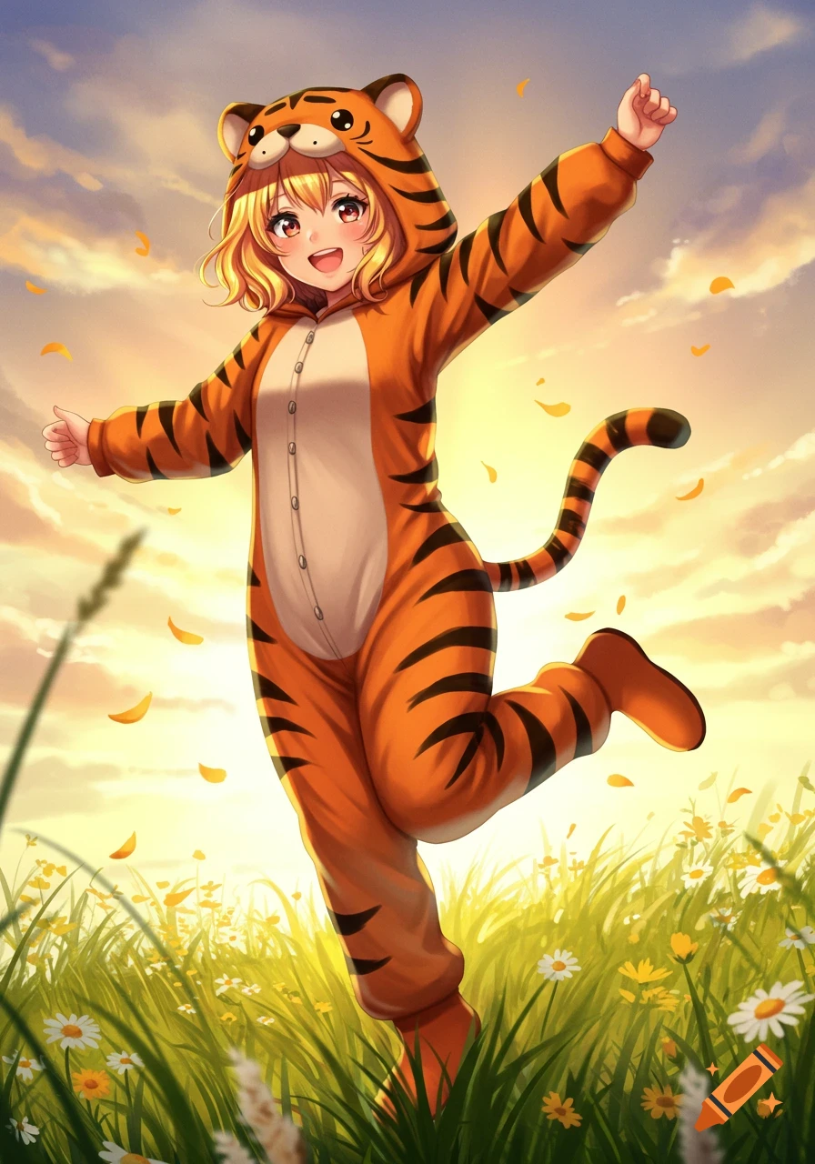 Happy anime girl in a tiger onesie jumping in a sunny field, vibrant anime art style.