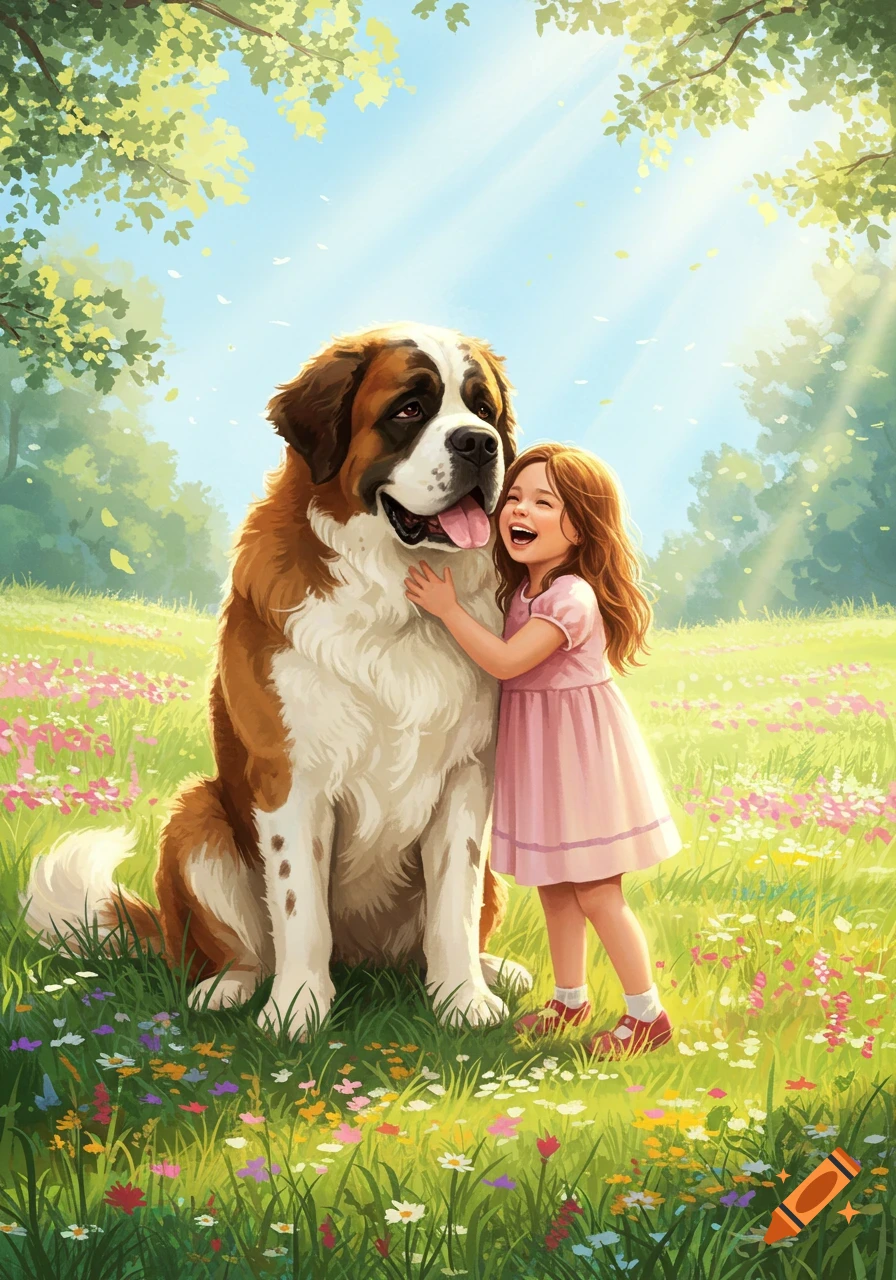 A joyful girl hugs a large St. Bernard dog in a sunny, flower-filled meadow, rendered in an illustrated style.