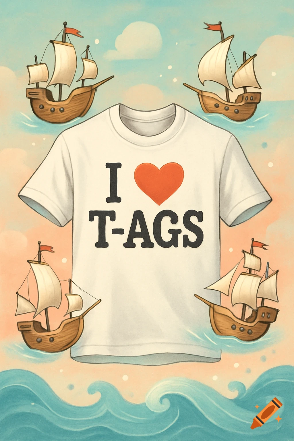 Illustrated white t-shirt with 'I "heart" T-AGS' text, surrounded by four cartoon ships on blue waves against a pastel sky.