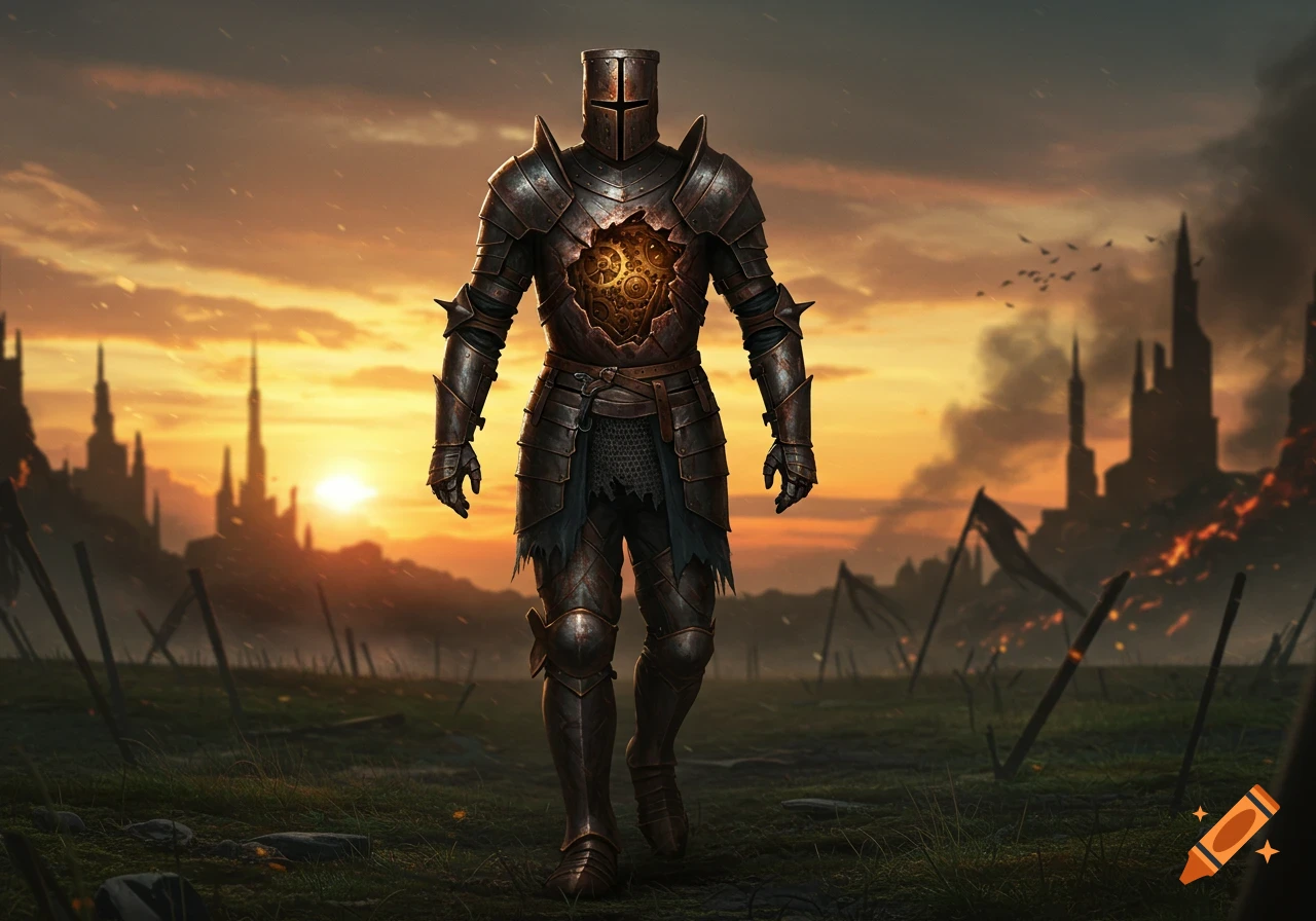 A rusted armored knight with glowing gears in its chest walks through a desolate, grassy battlefield towards a burning, ruined city under an orange sunset.
