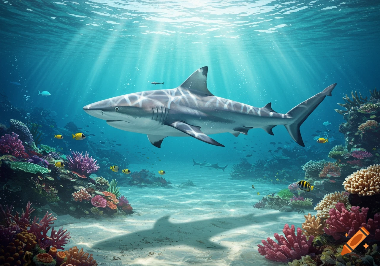 A large, realistic shark swims through a vibrant coral reef with sunlight rays piercing the clear blue water.