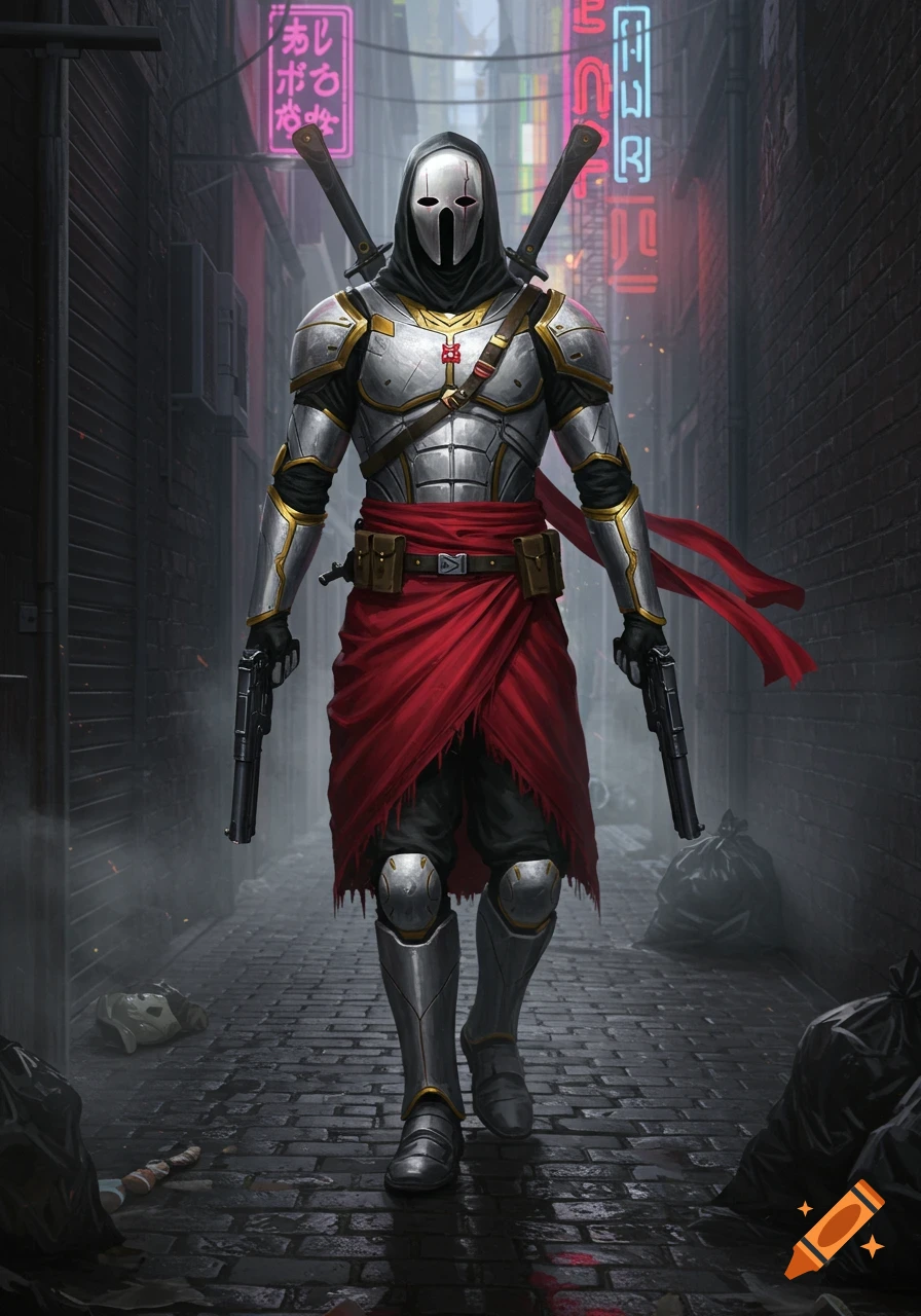Masked soldier in white and gold armor, red sash, and hood, holding two pistols, walks down a dark, neon-lit alley.