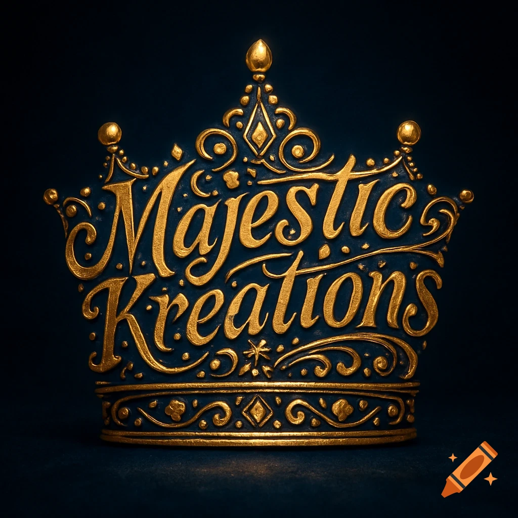 Golden ornate text 'Majestic Kreations' forming a stylized crown against a dark background.