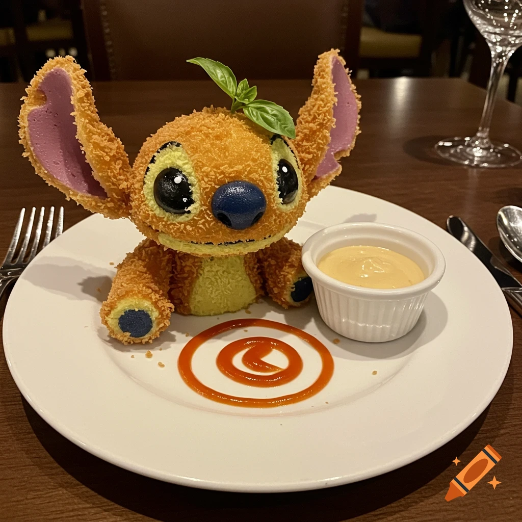 A deep-fried Stitch character meal, shaped like the blue alien, served on a white plate with a ketchup swirl, basil leaf, and a side of garlic sauce.