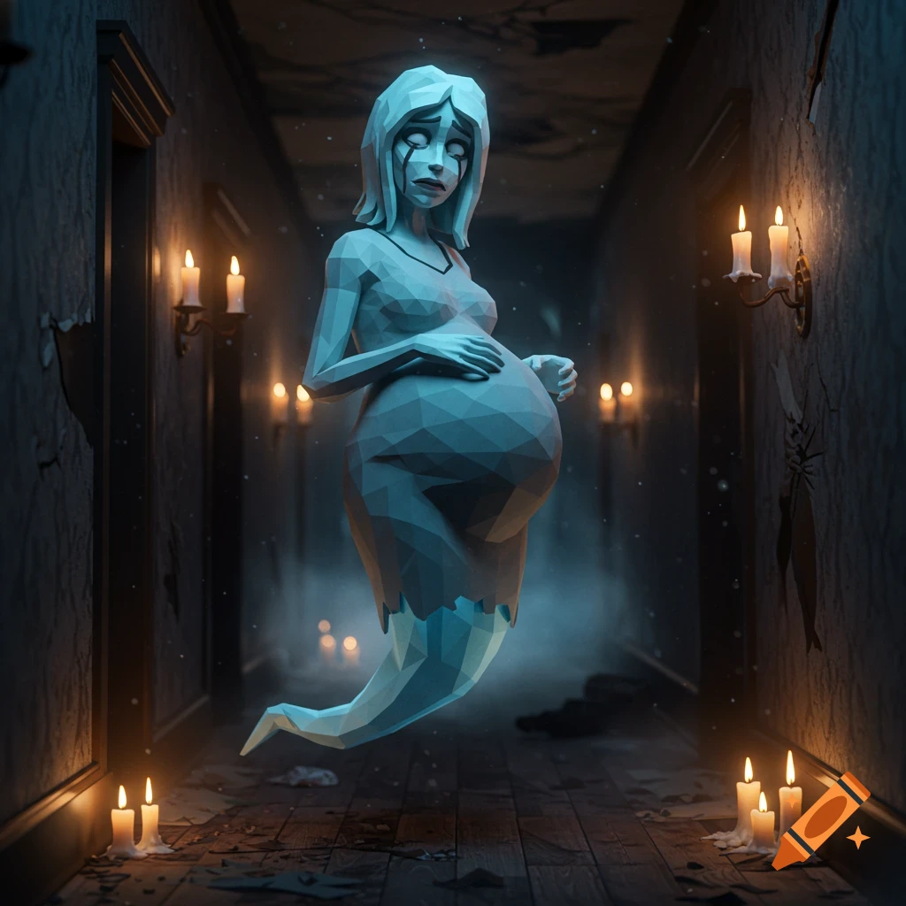 A low poly pregnant ghost woman floats in a dark, candlelit haunted hallway, evoking a retro horror game aesthetic.