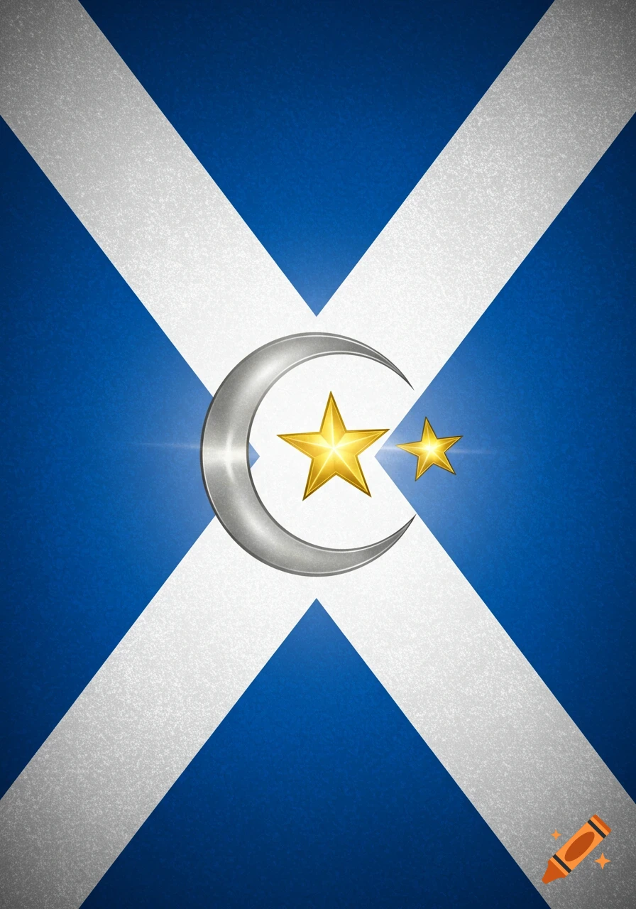 A blue flag with a white saltire, featuring a prominent silver crescent moon and two golden stars in the center.