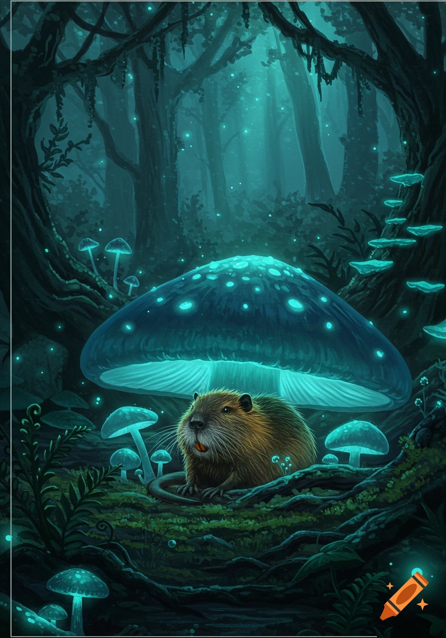 A brown nutria sits beneath a giant glowing blue mushroom in a mystical, dark forest filled with bioluminescent fungi.
