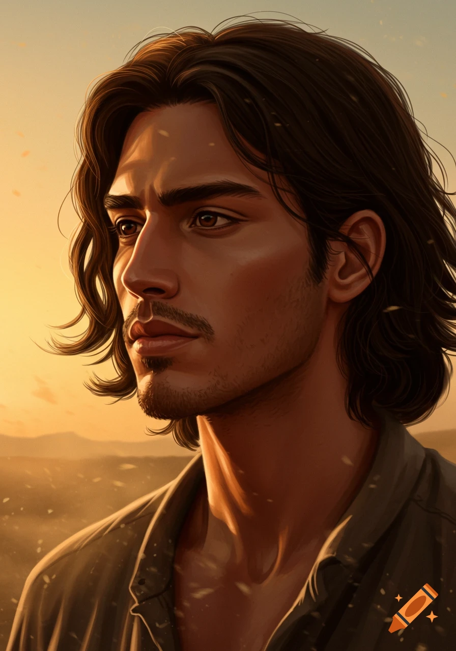 Digital painting of a man in profile with bronzed skin, dark hair, and a goatee, looking left at a golden sunset.