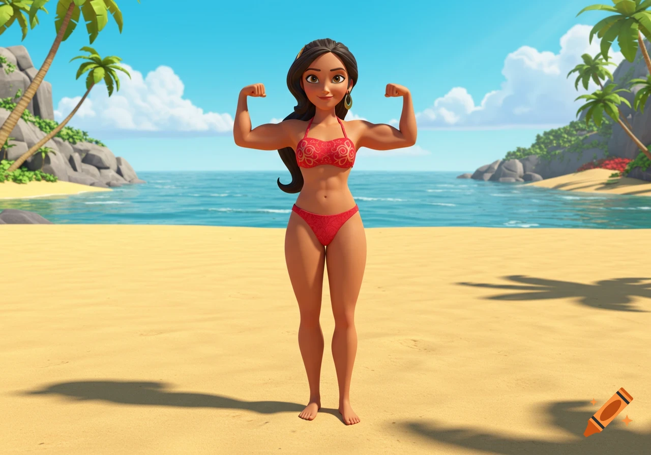 A cartoon character, Elena of Avalor, in a red bikini, flexing her muscles on a sunny beach.