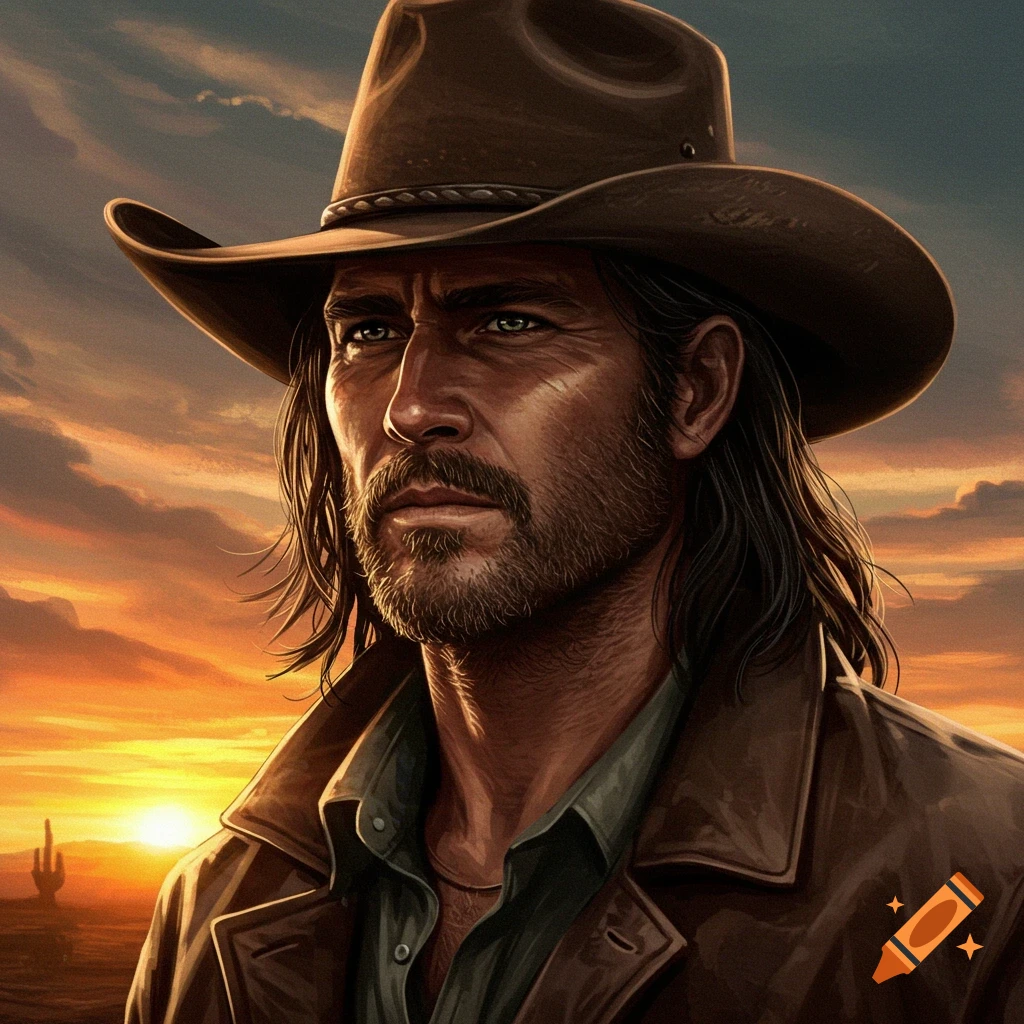 A rugged man in a cowboy hat with long dark hair and a beard, looking left at a sunset over a desert landscape.