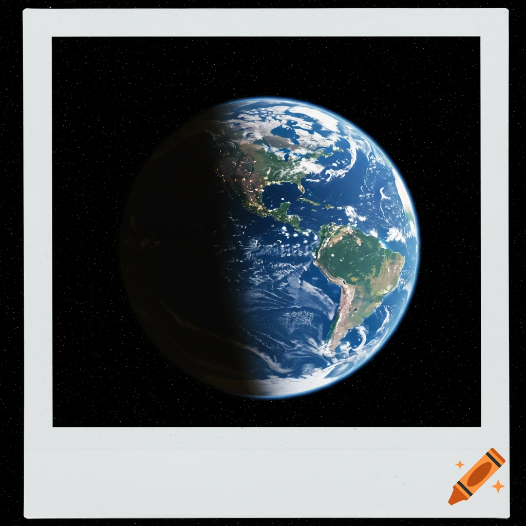 A photorealistic polaroid photo of Earth, showing North and South America and city lights, against a starry black space background.