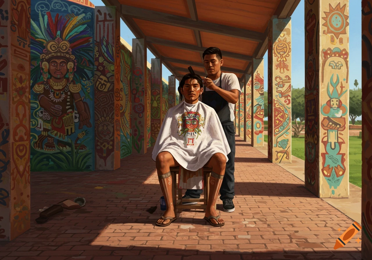 Illustration of a man getting a haircut under a shaded walkway lined with vibrant Aztec-inspired murals.