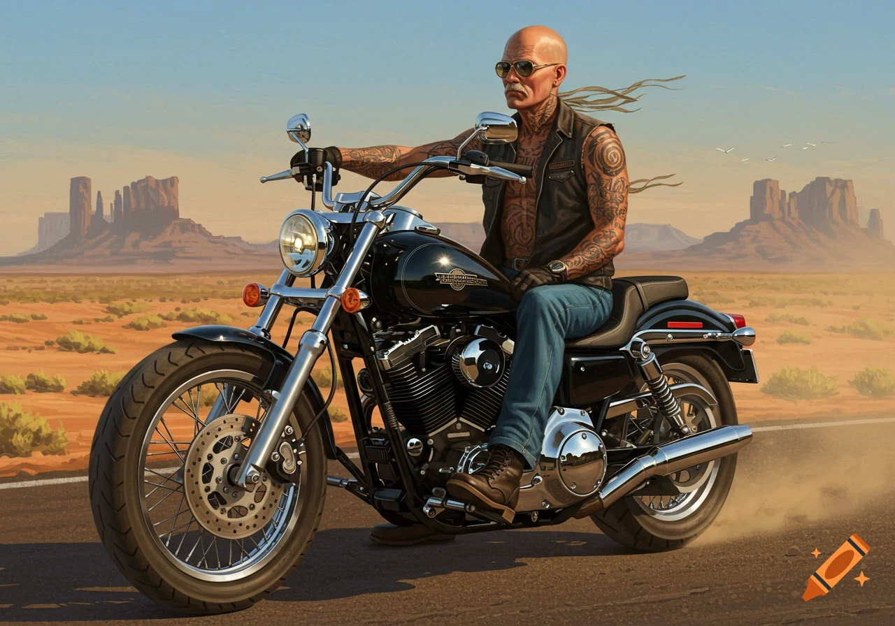 A bald, tattooed man on a black Harley-Davidson motorcycle rides through a desert with mesas.