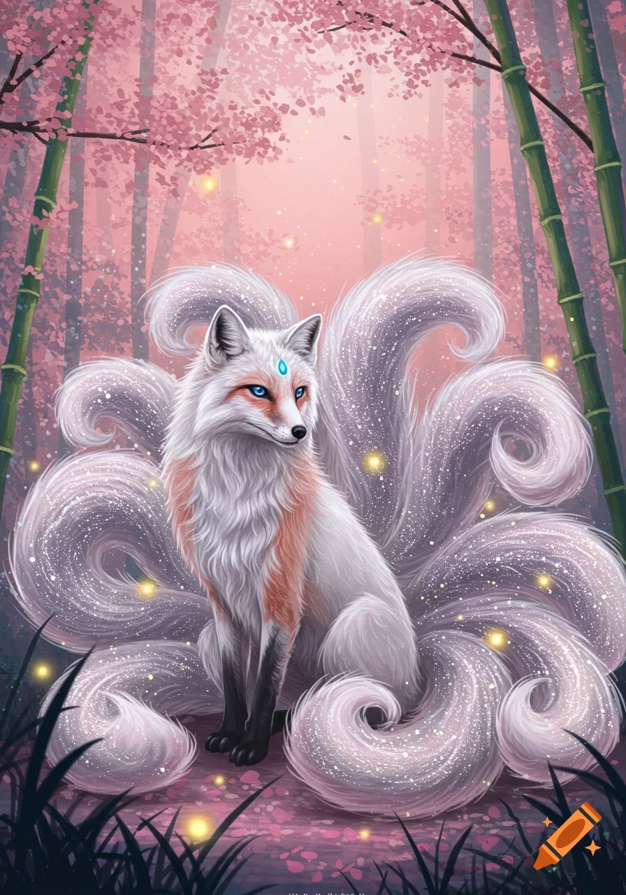 A nine-tailed white fox with blue eyes and a glowing gem on its forehead sits in a pink cherry blossom forest with bamboo stalks.