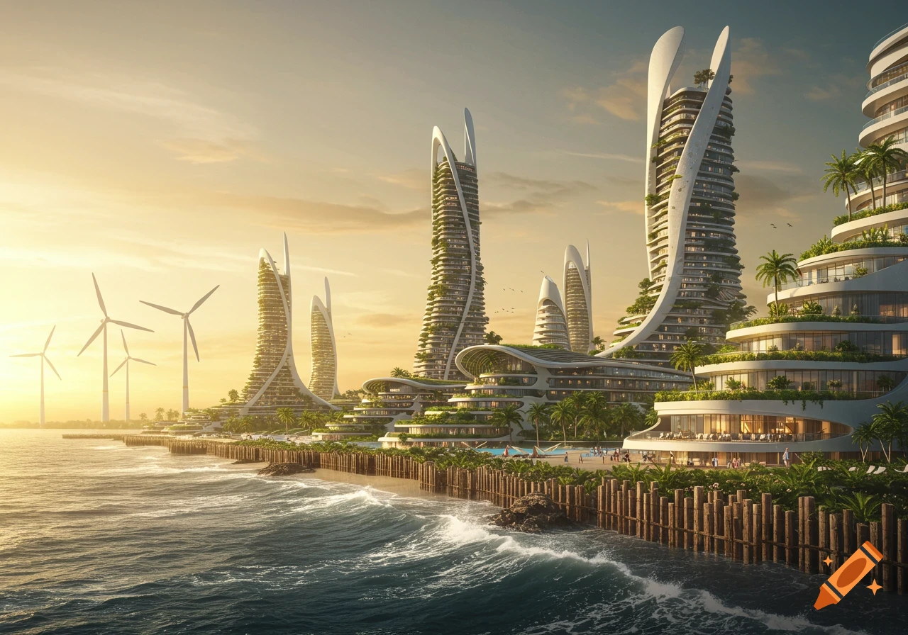 Futuristic eco-city along a sunny coast with modern, green-covered skyscrapers, ocean waves, and wind turbines.
