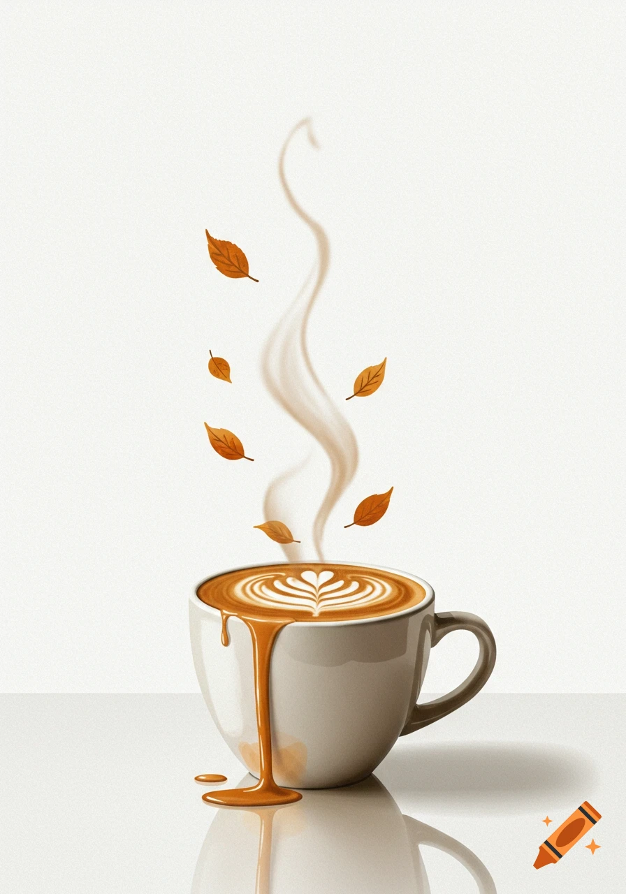 Stylized illustration of a steaming coffee cup with latte art and overflowing liquid, falling autumn leaves, white background.