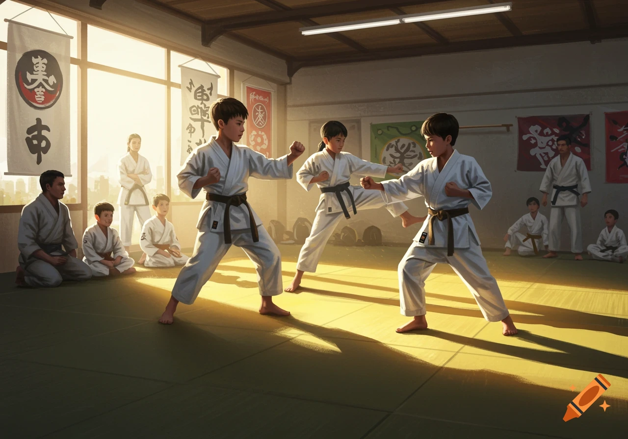 Two young students in white gis with black belts spar in a sunlit karate dojo, observed by others.