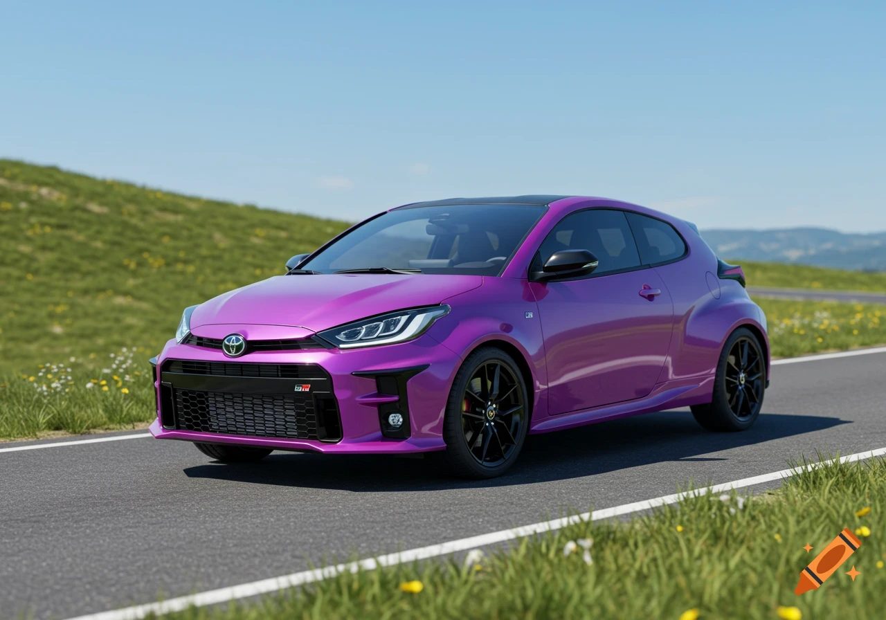 A vibrant purple Toyota Yaris GR on an asphalt road, set against green hills and a clear blue sky.