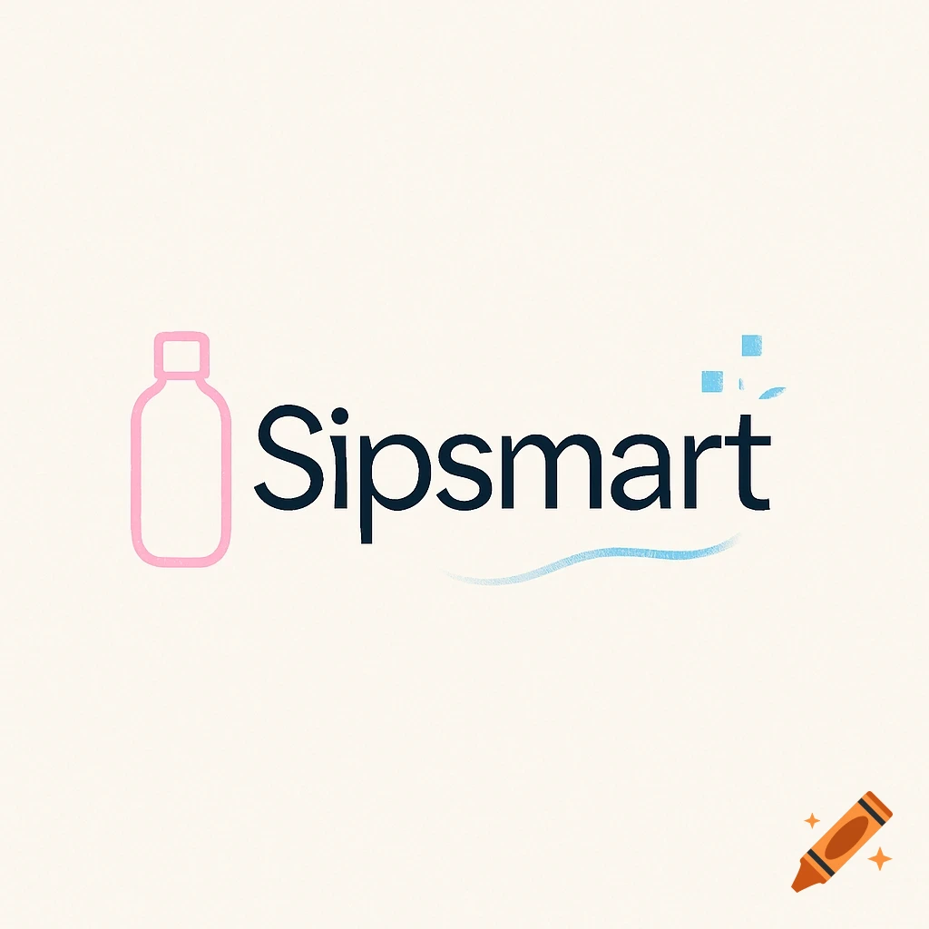 A minimalist logo for 'Sipsmart' featuring a pink outline of a bottle and blue text with abstract digital elements.