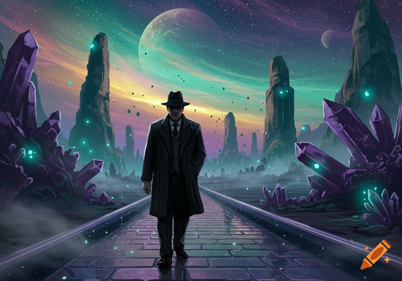 A man in a trench coat and fedora walks on a path through a vibrant alien landscape with purple crystals and planets in the sky, digital art.