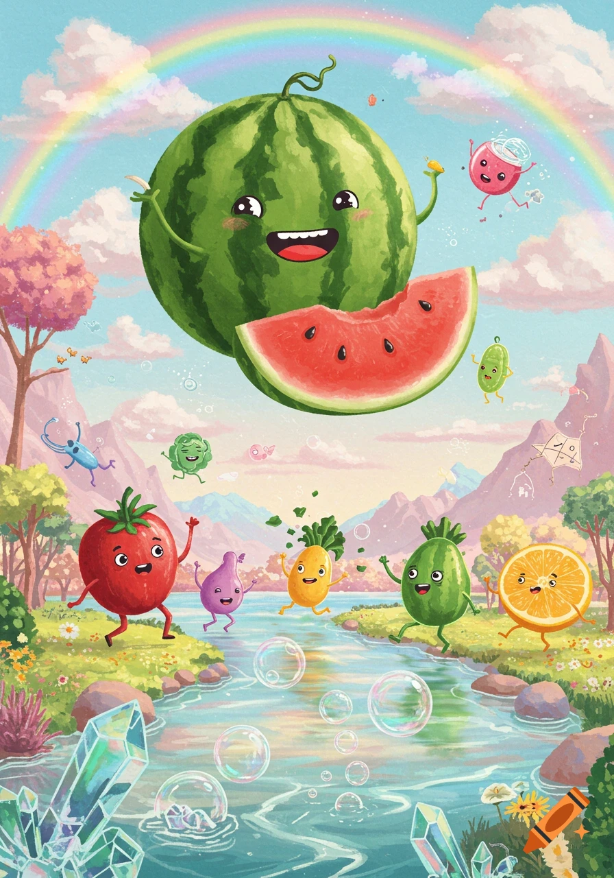A vibrant cartoon illustration of happy, dancing fruits and vegetables in a whimsical landscape with a rainbow, river, and crystals.