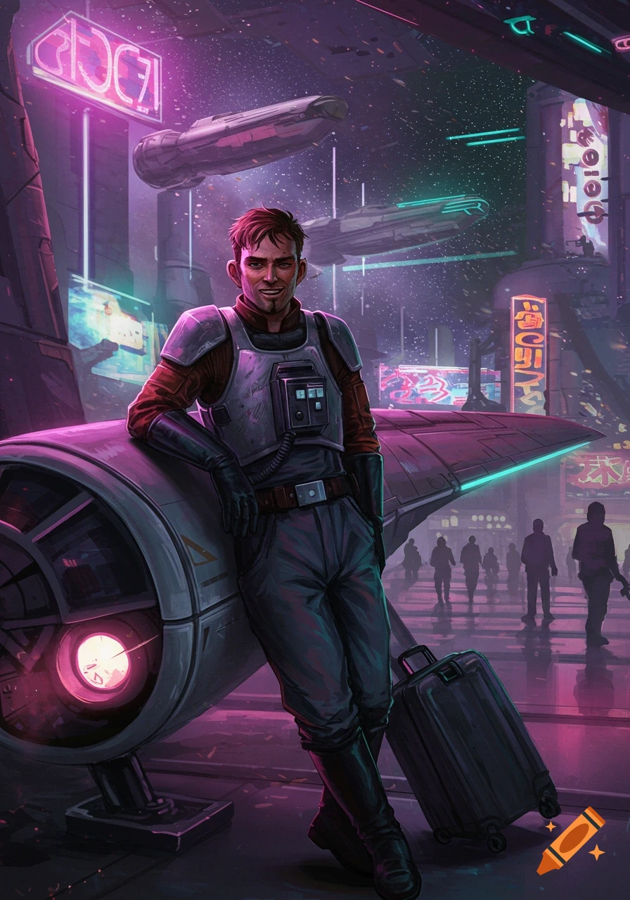 A male imperial scout pilot leans on a futuristic spaceship in a neon-lit, bustling sci-fi city with flying vehicles.