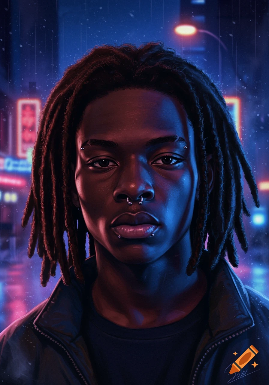 Close-up digital art portrait of a young Black man with dreadlocks and facial piercings against a blurred, neon-lit city background.
