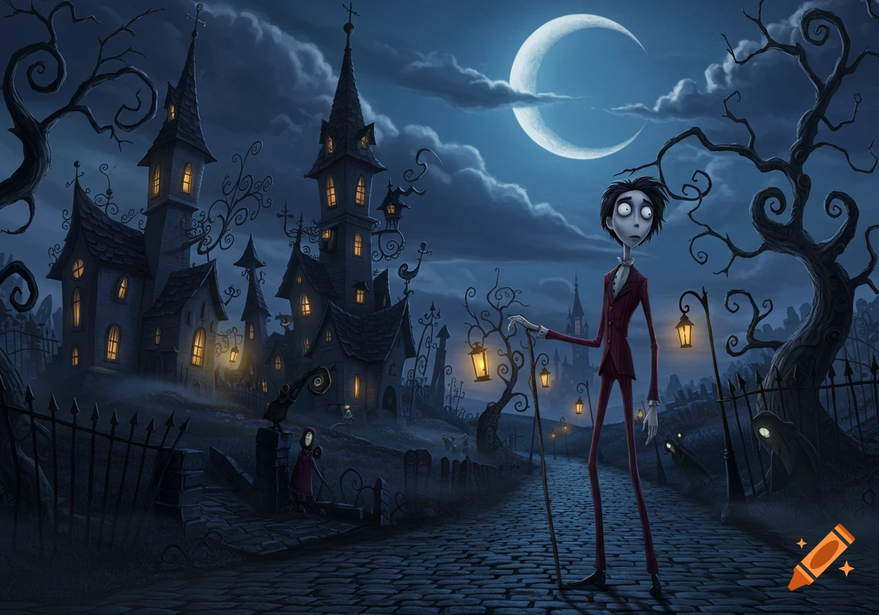 A stylized, gaunt figure in a dark red suit stands on a cobblestone path in front of a spooky, gothic village under a crescent moon.