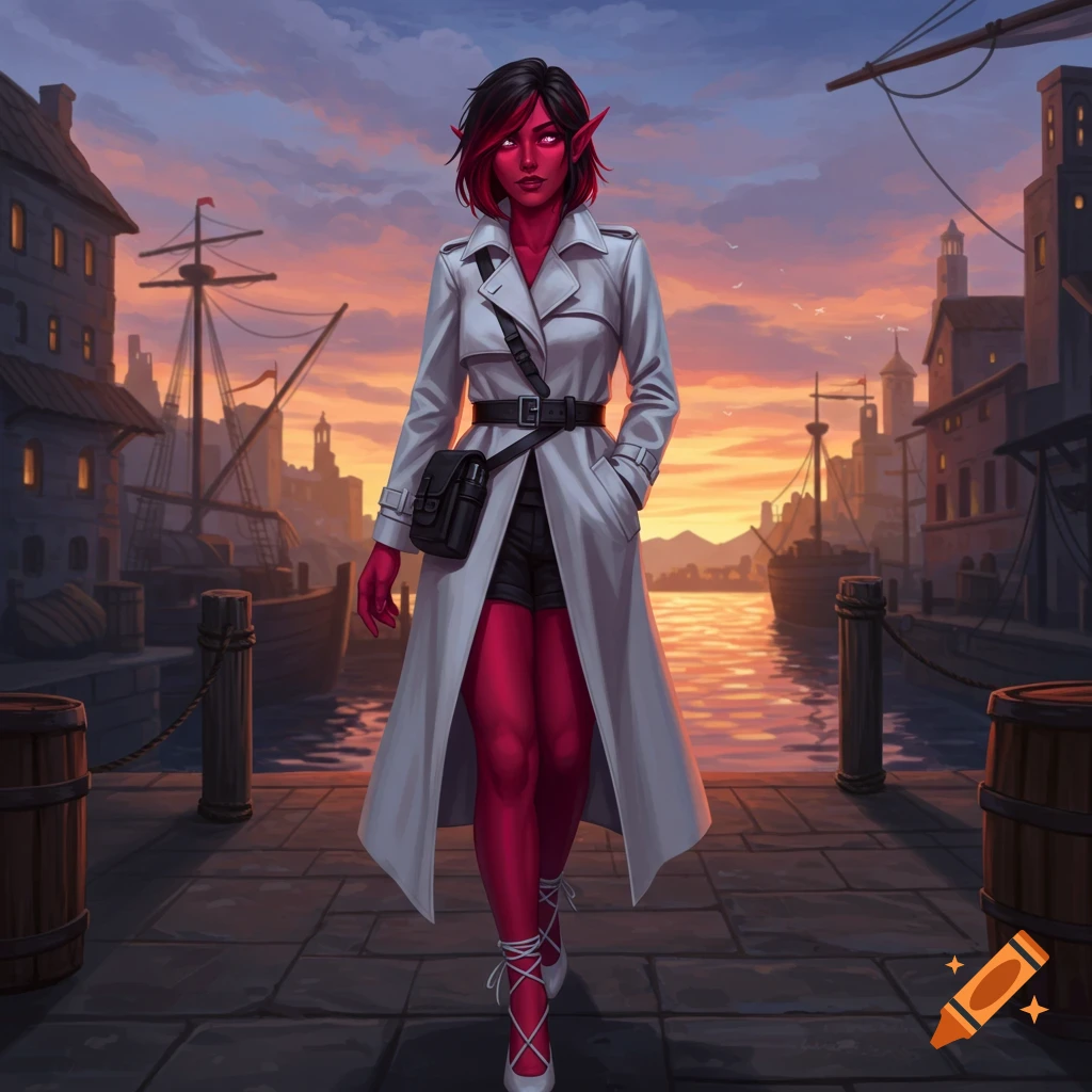 Red-skinned elf woman in a white trench coat and white laced heels walking on a dock in a port city at sunset. Digital art.