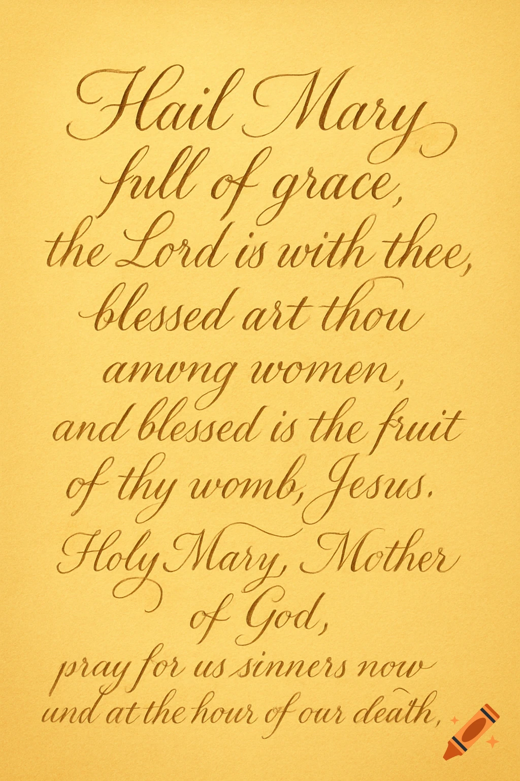 Elegant cursive script of the Hail Mary prayer on a warm yellow background.