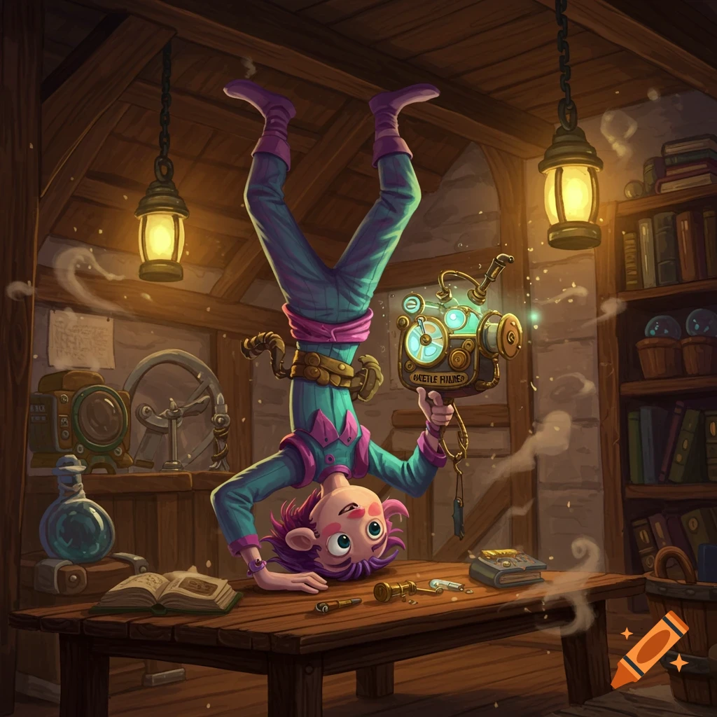 A whimsical cartoon character with purple hair does a headstand on a wooden table, holding a glowing steampunk device in a cozy attic workshop.