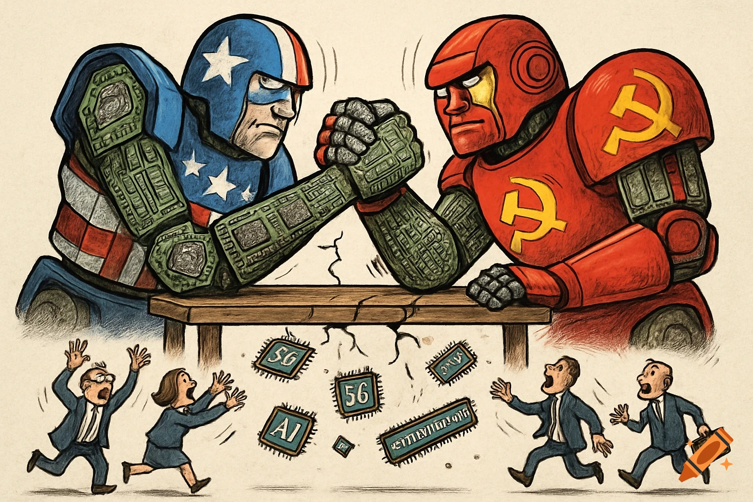 Satirical cartoon of a US flag robot and a Soviet symbol robot arm-wrestling, as businesspeople scramble below to catch falling 'AI' and '5G' microchips.