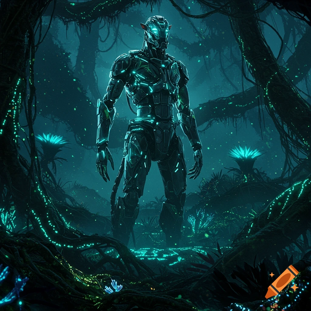 A glowing futuristic robot with animal-like ears and a tail stands in a dark, bioluminescent jungle with glowing plants and vines.